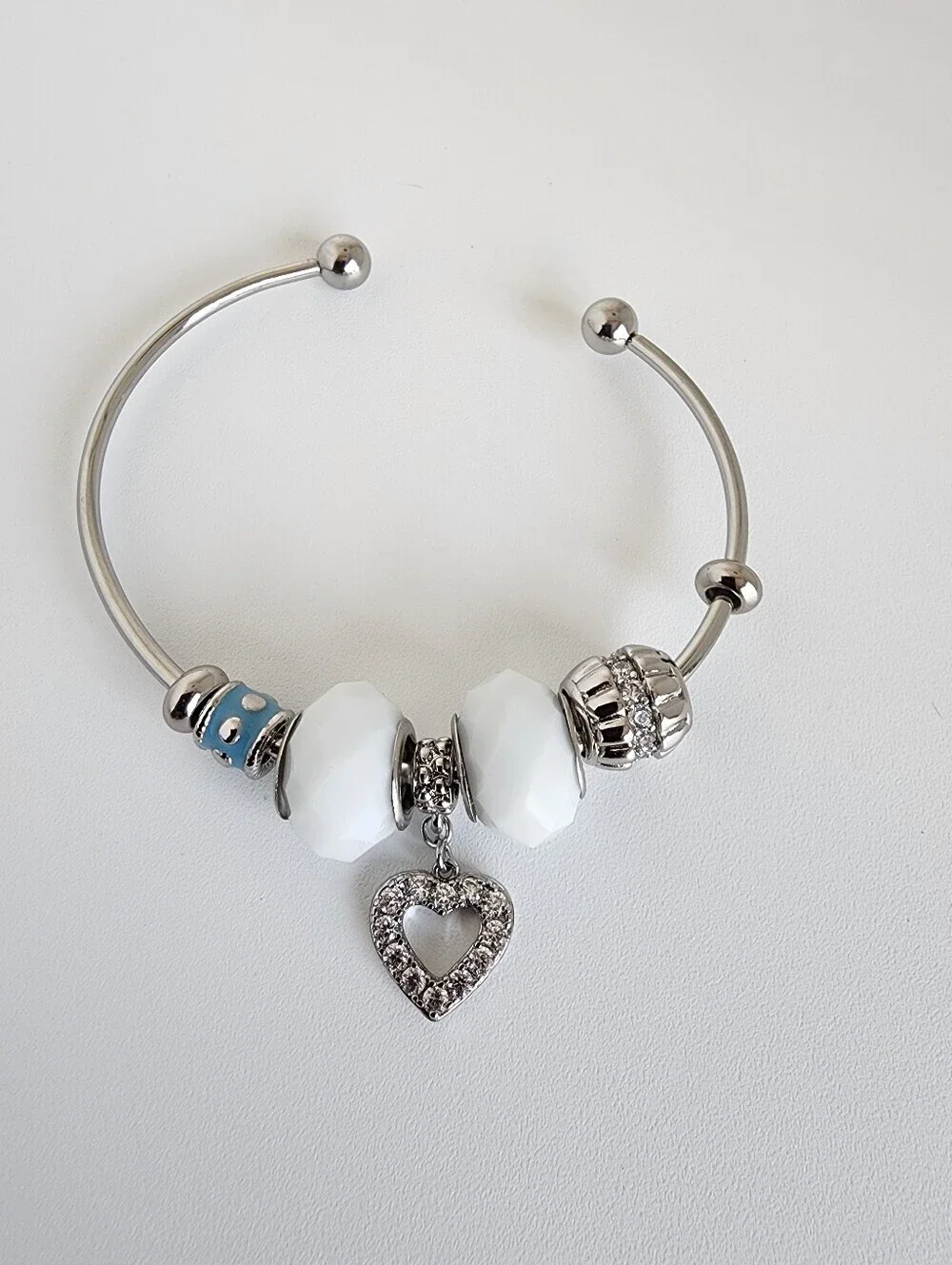 Silver Tone Charm Bangle Bracelet Removable Charms Heart Dangle White Beads